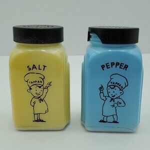Tappan Chef Salt & Pepper Shakers McKee Tappan Blue Yellow Milk Glass Shakers
